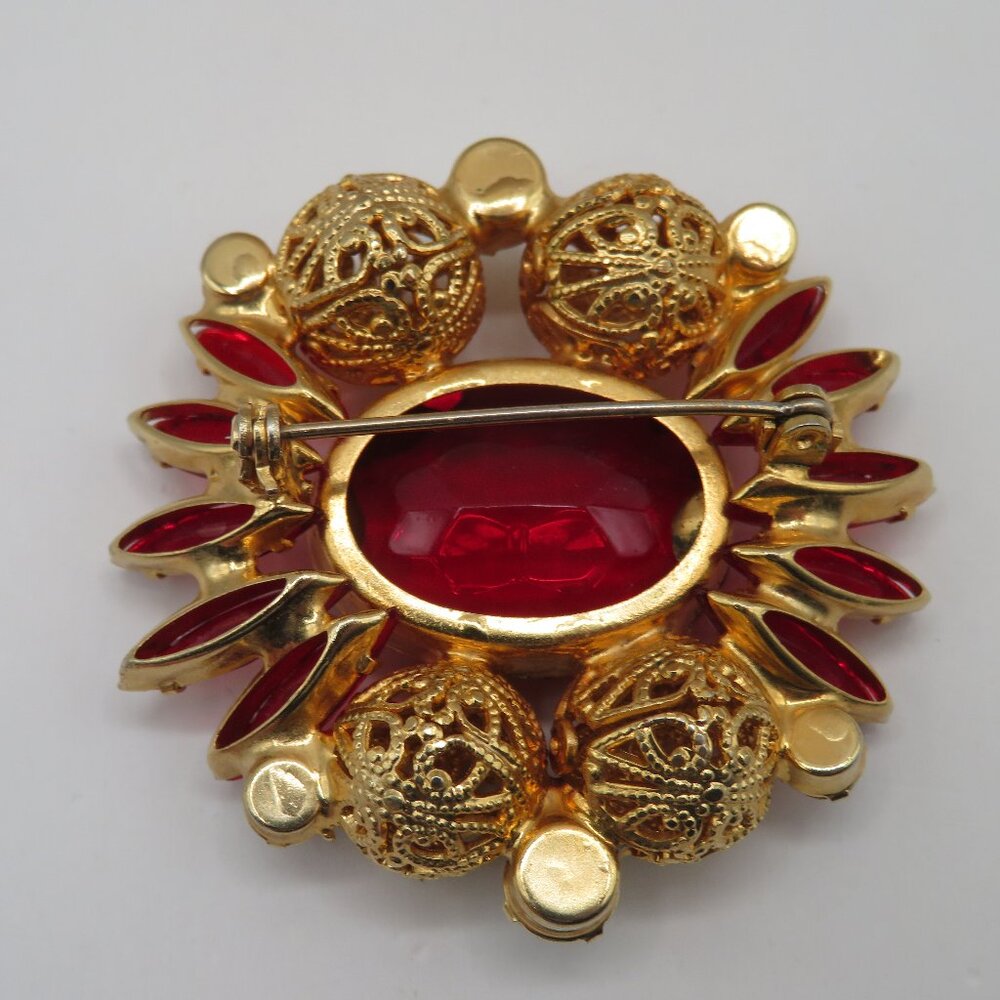 Juliana Red Rhinestone Gold Tone Filigree Brooch - Picture 6 of 8